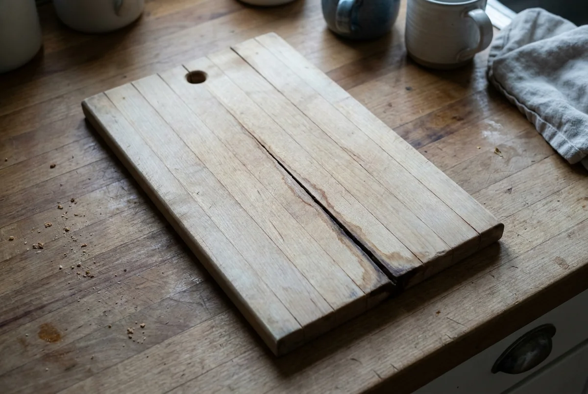 A strip-glued maple board split open along one straight glue seam