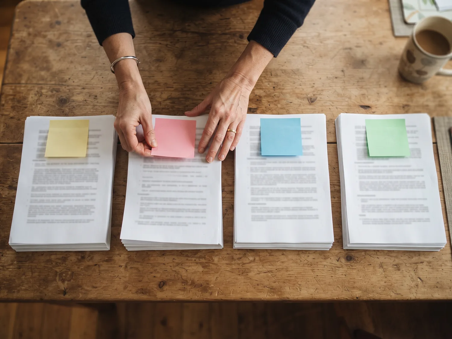 Four neat stacks of printed pages on a wooden kitchen table, each with a different colored sticky note on top and no readable writing, a woman's hands straightening one stack