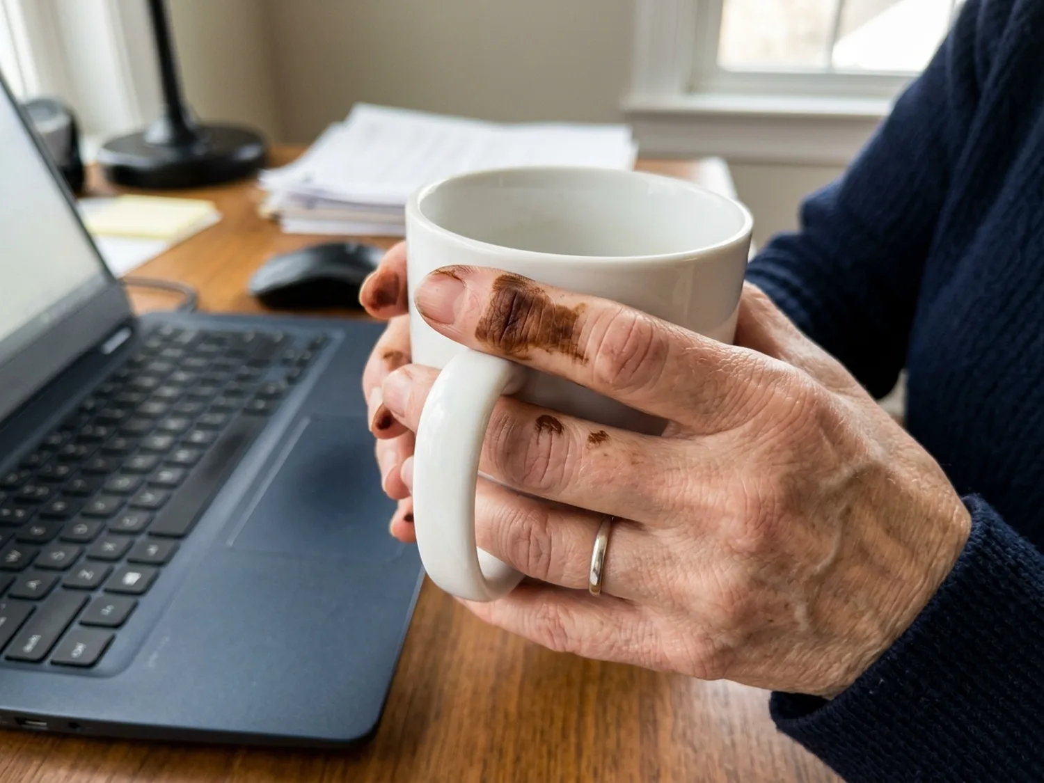 A woman's hands at an office desk holding a white coffee mug, her fingertips stained with brown dye