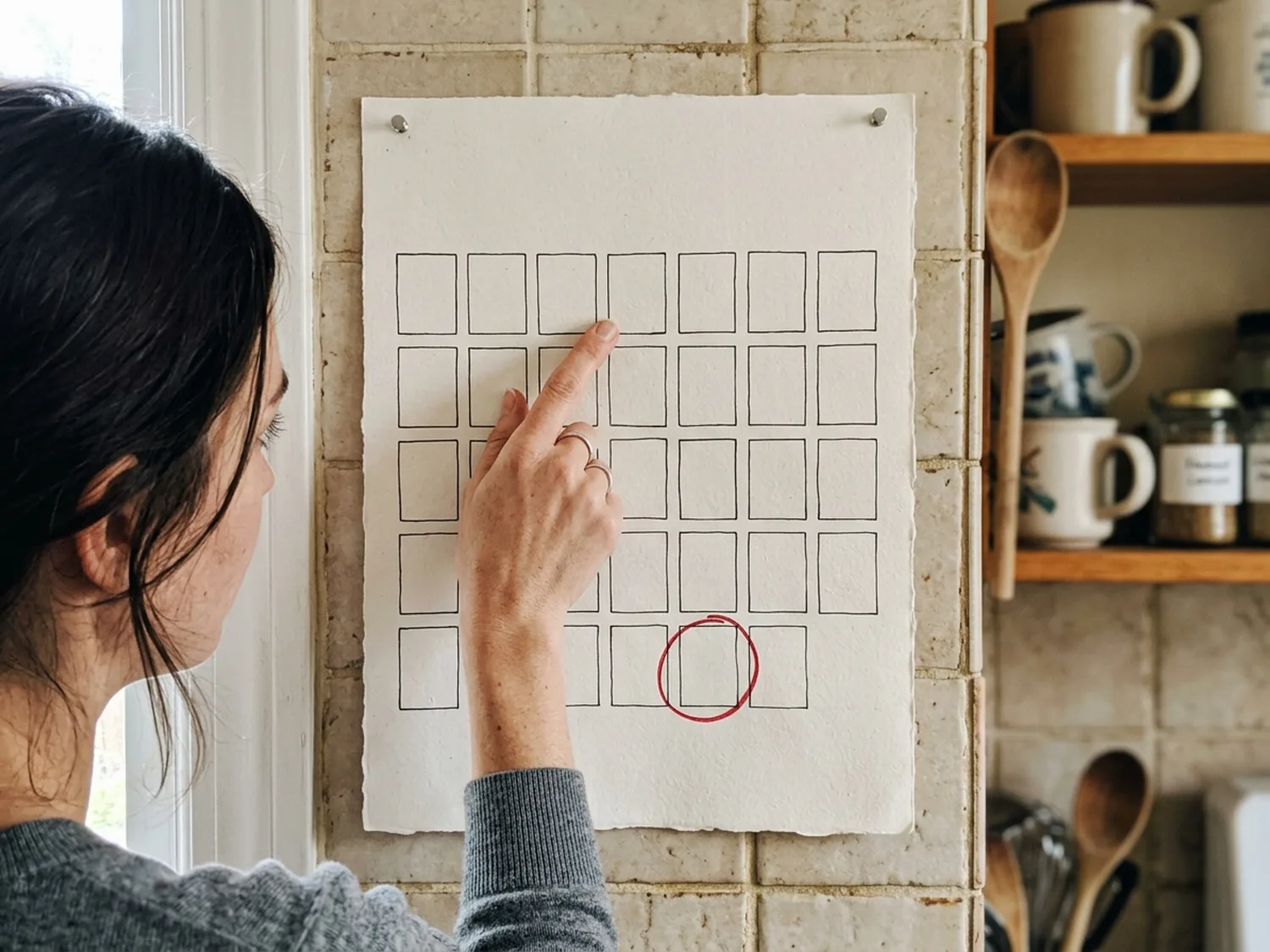 A paper wall calendar on a kitchen wall with one date circled in red pen far down the month and a woman's finger pointing at an earlier week, no readable writing