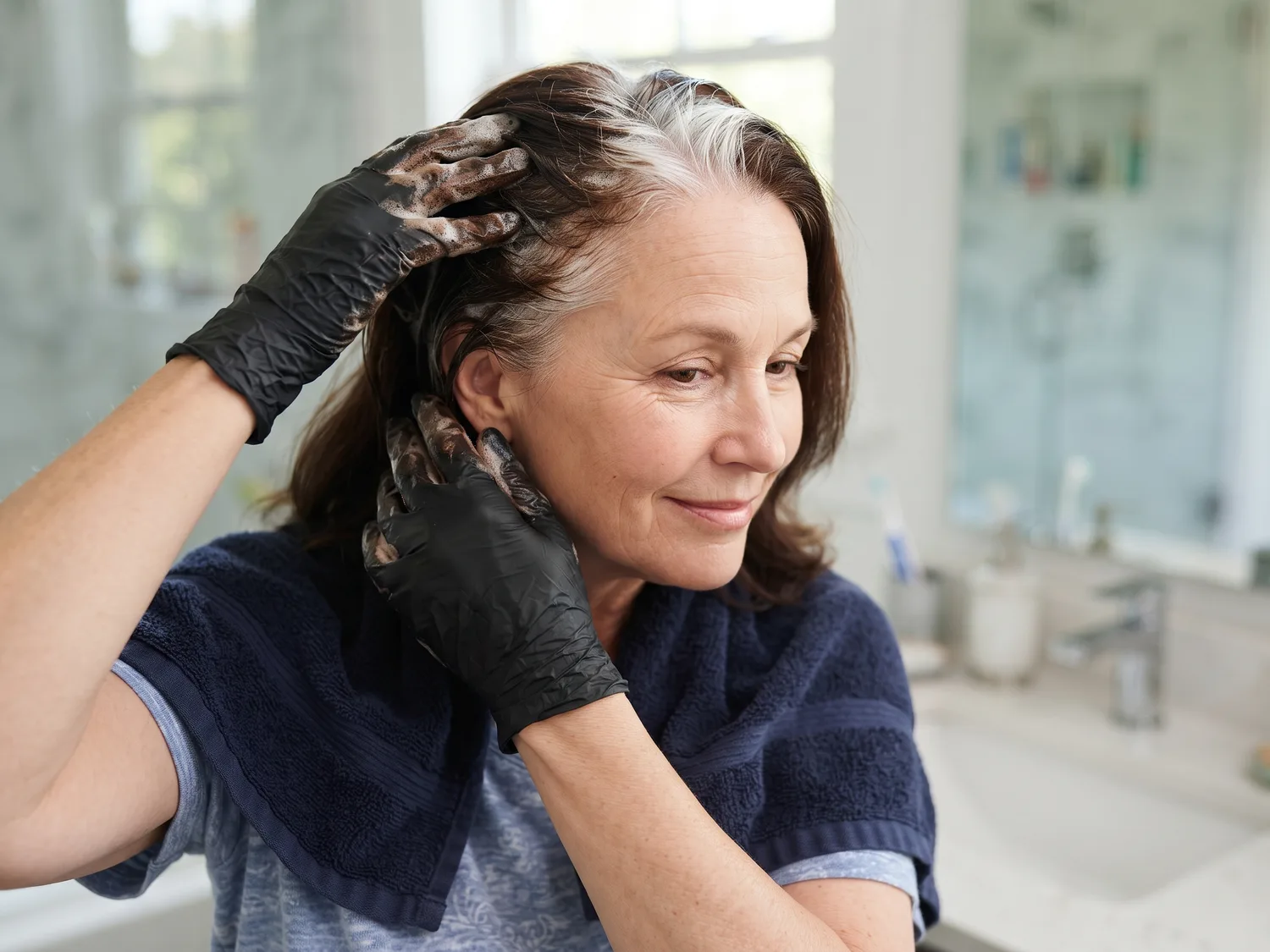 A woman's hands in thin black gloves working cream shampoo lather into the white hair at her temples in a bright bathroom