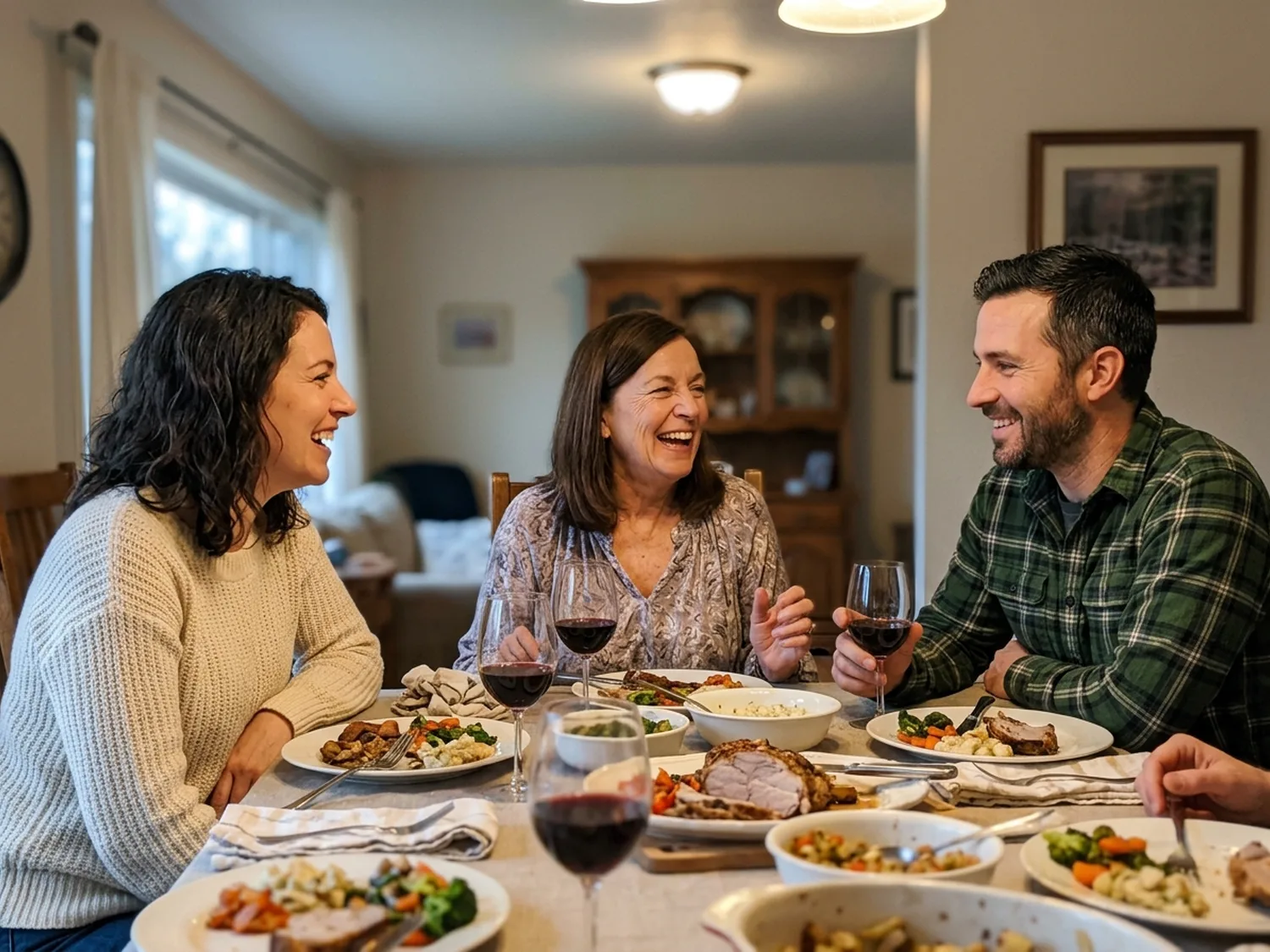 A smiling woman around sixty with even dark brown hair in a family photo at a dinner table with her adult son and his wife, everyone laughing