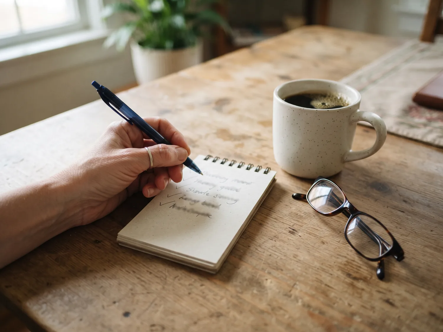 A woman's hand holding a pen over a short handwritten checklist with five tick marks on a notepad, the words not readable, a cup of coffee beside it