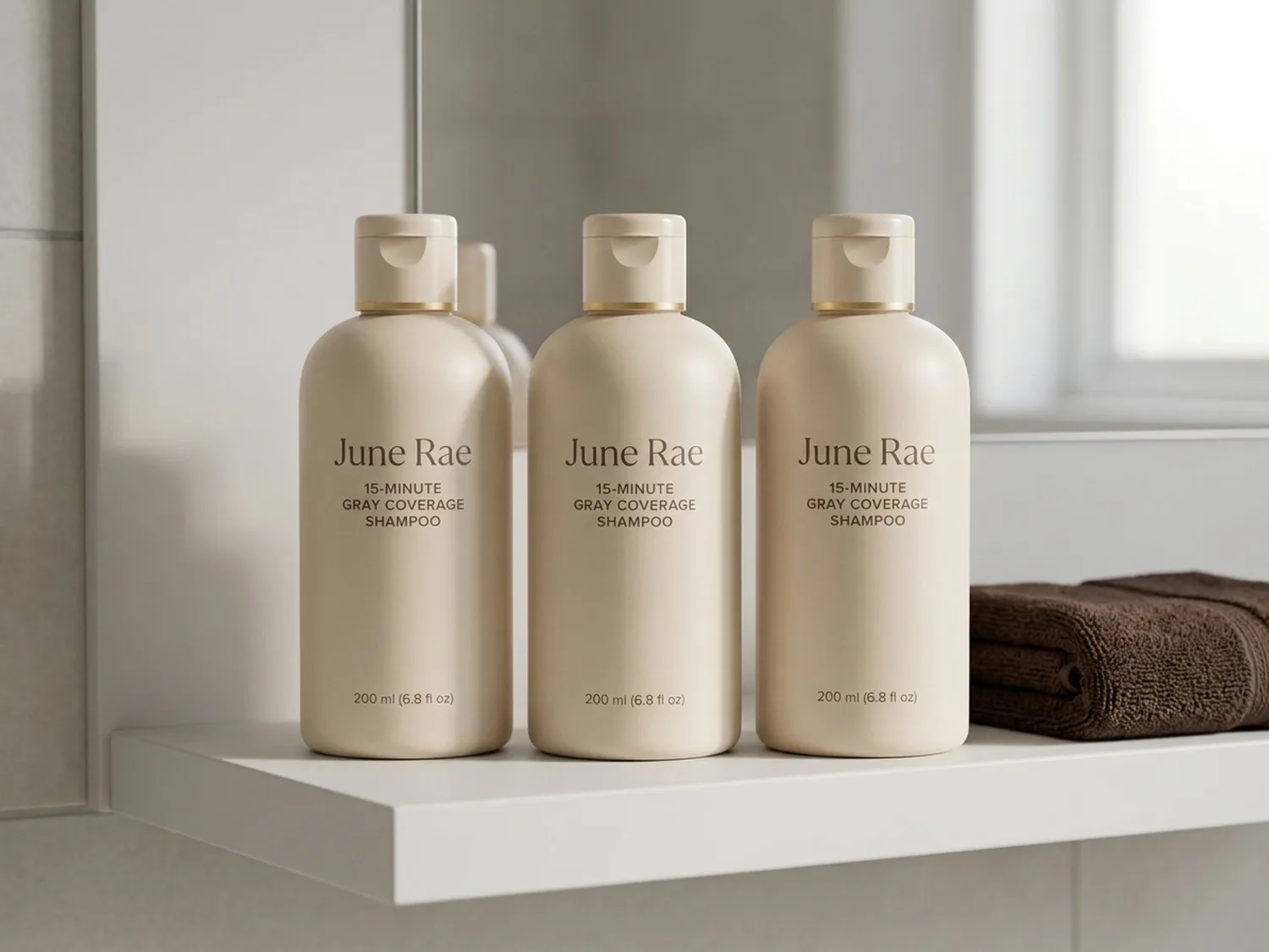Three cream June Rae gray coverage shampoo bottles standing side by side on a white bathroom shelf beside a folded dark towel