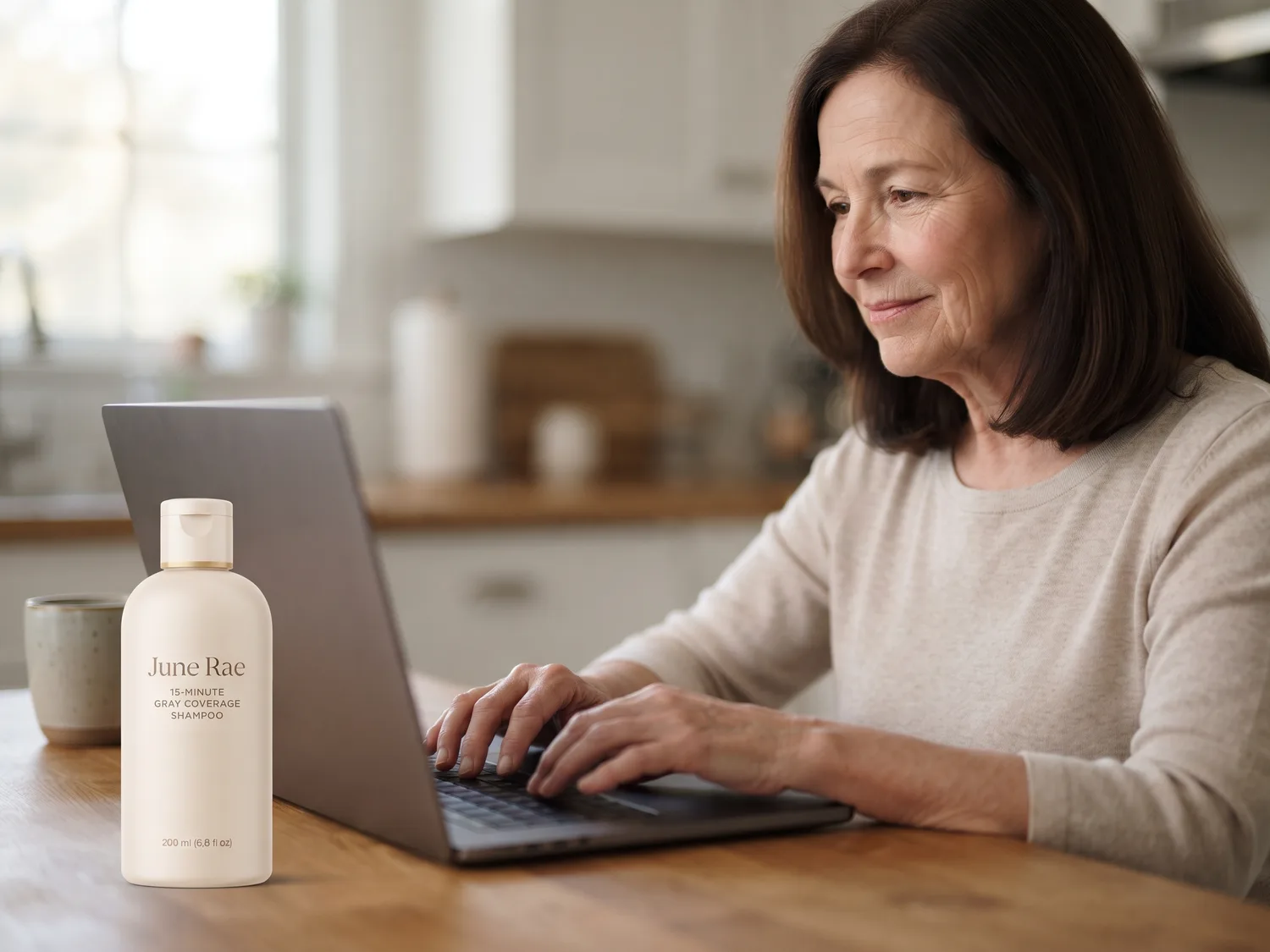 A woman around sixty typing a short email on a laptop at her kitchen table, a nearly empty cream shampoo bottle beside the laptop