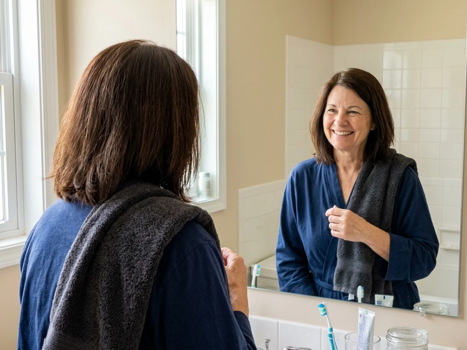 A woman around sixty in a bright bathroom smiling at her reflection, her part evenly dark brown, a dark towel over her shoulder