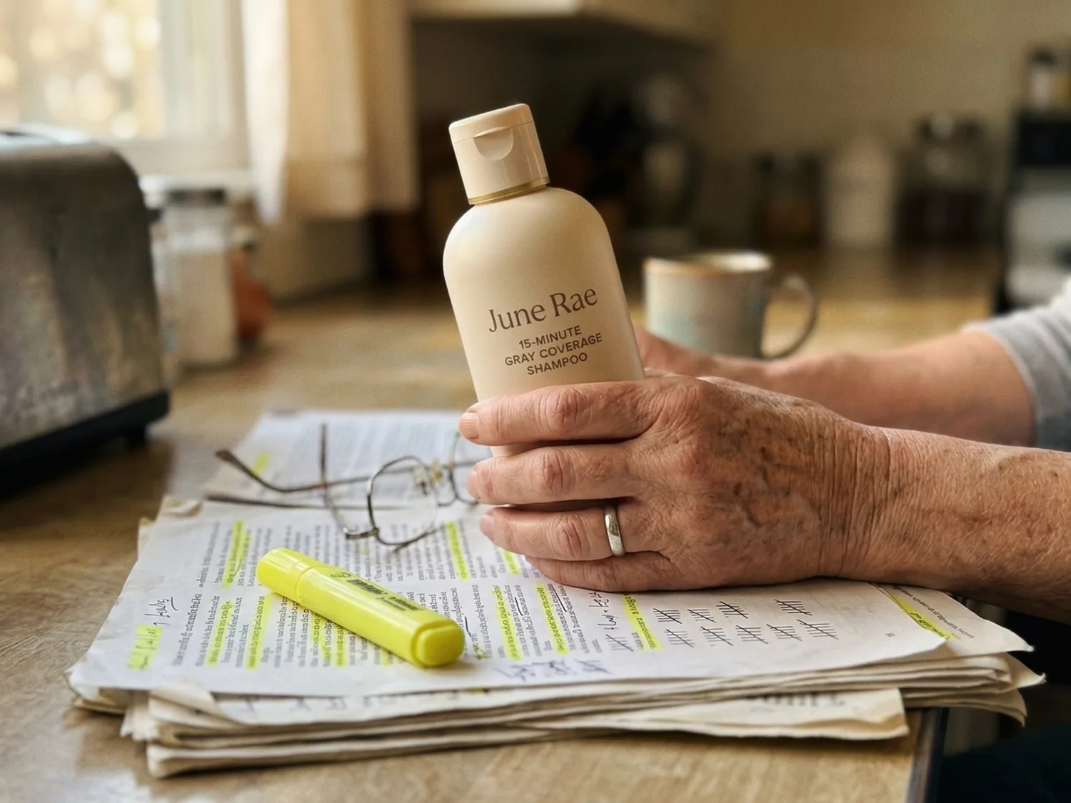 An older woman's hand holding a cream bottle of June Rae gray coverage shampoo above a stack of printed review pages marked with yellow highlighter